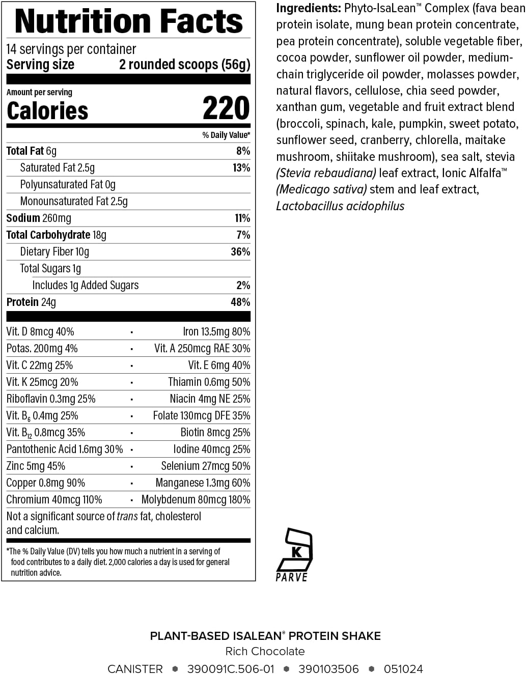 Isagenix IsaLean, 24g Plant-Based Protein, Rich Chocolate, 27.2 oz