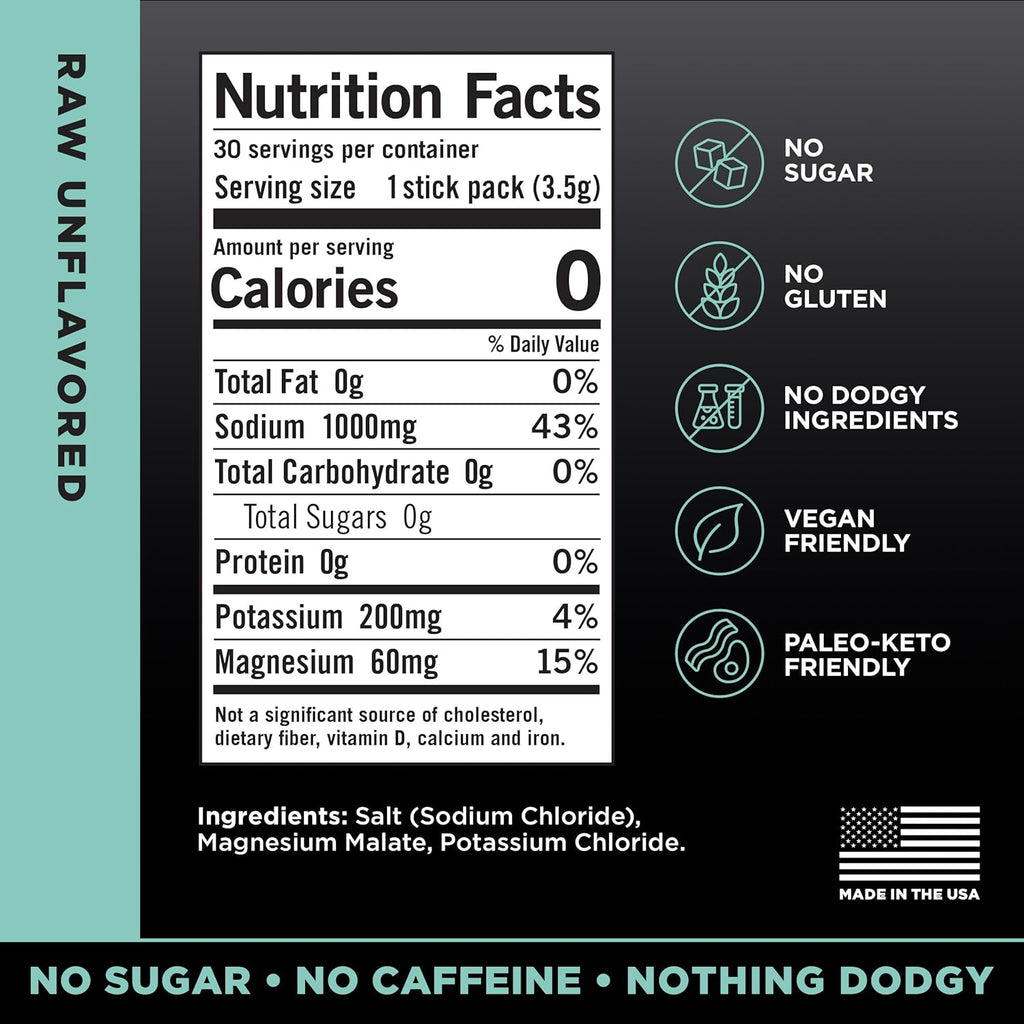 LMNT Zero Sugar Electrolytes - Raw Unflavored Salt | Drink Mix | 30-Count