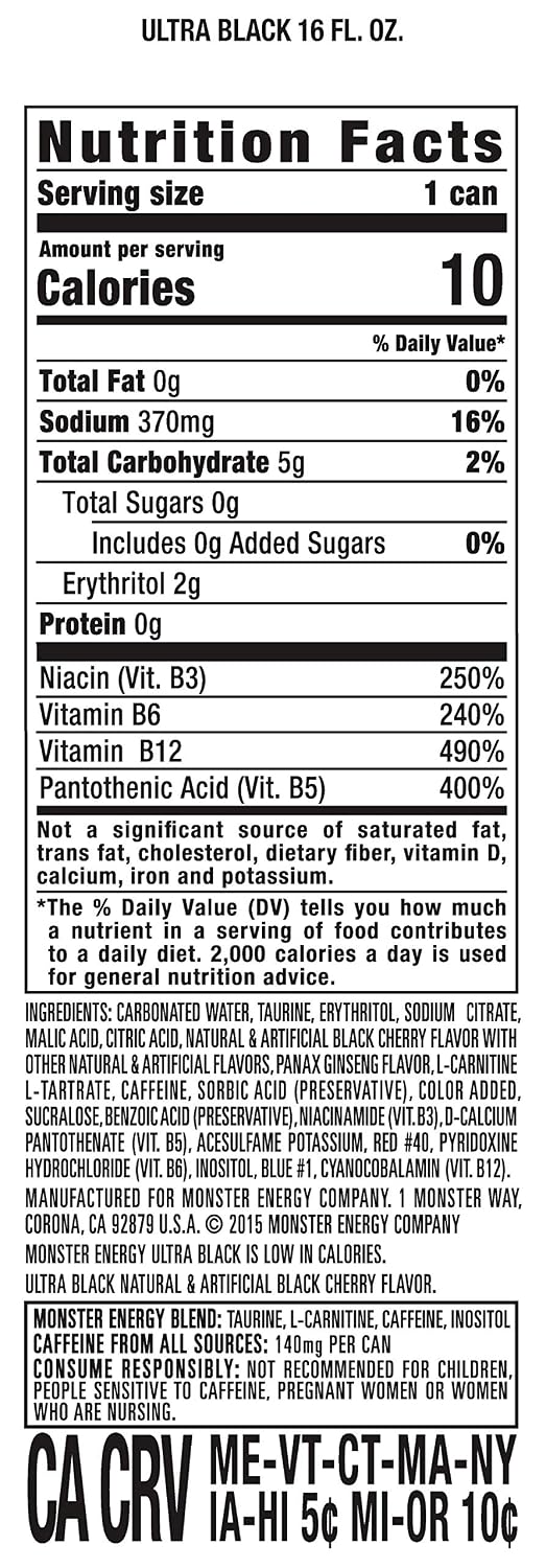 Monster Energy Ultra Black, Sugar Free Energy Drink, 16 Ounce